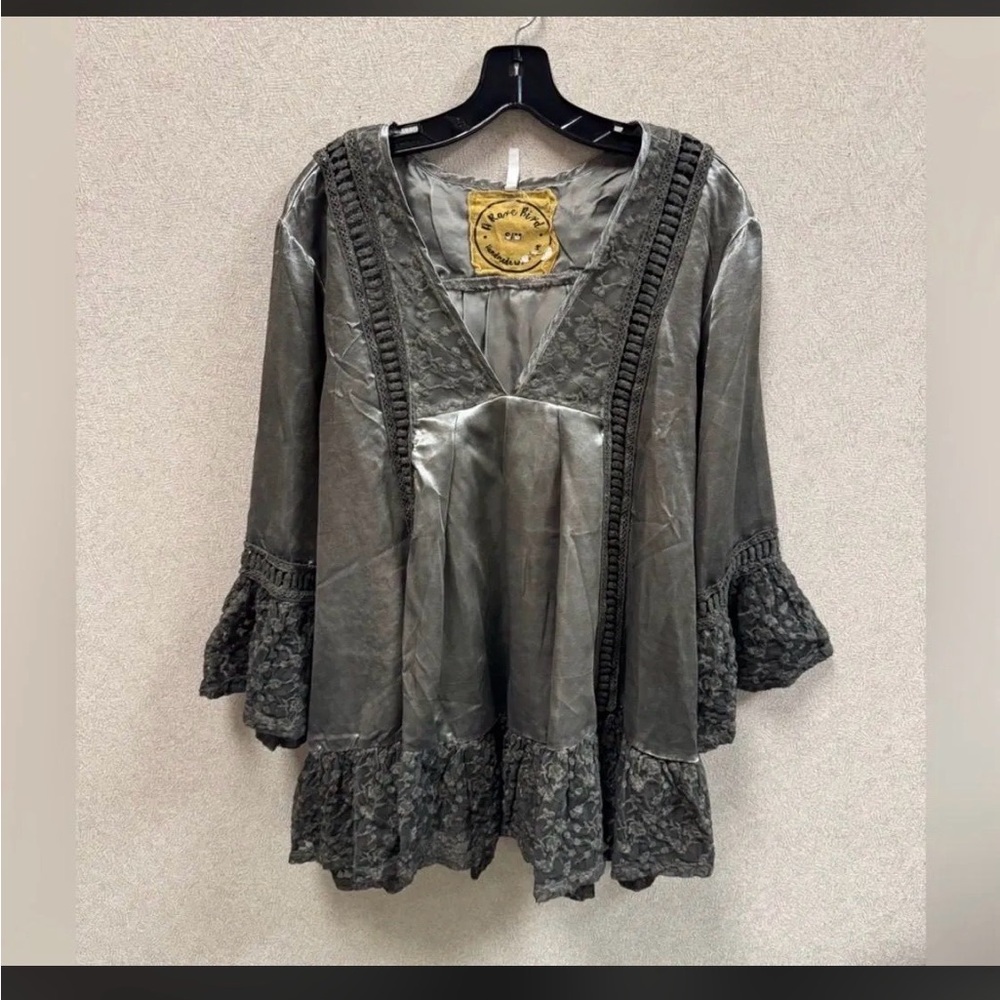 A RARE BIRD Satin Gray Lace Trim Boho Tunic Top Size S/M